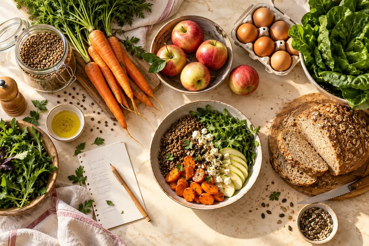 Courses de la semaine avec carottes, pommes, lentilles, œufs, pain et salade sur une table claire