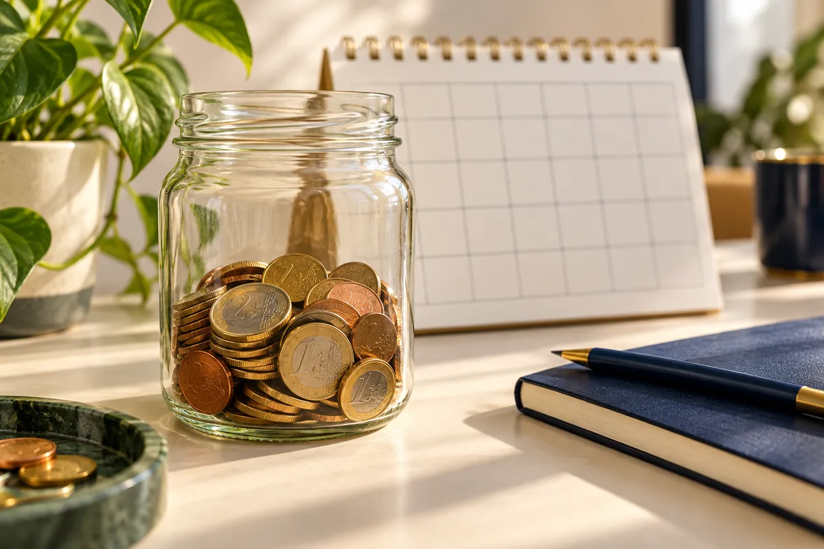 Bocal transparent de pièces en euros devant un calendrier vierge