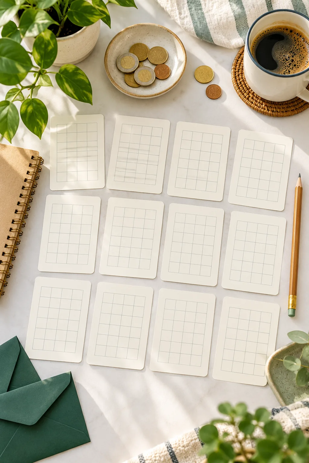 Douze cartes vierges de suivi budgétaire, un crayon et quelques pièces sur une table claire