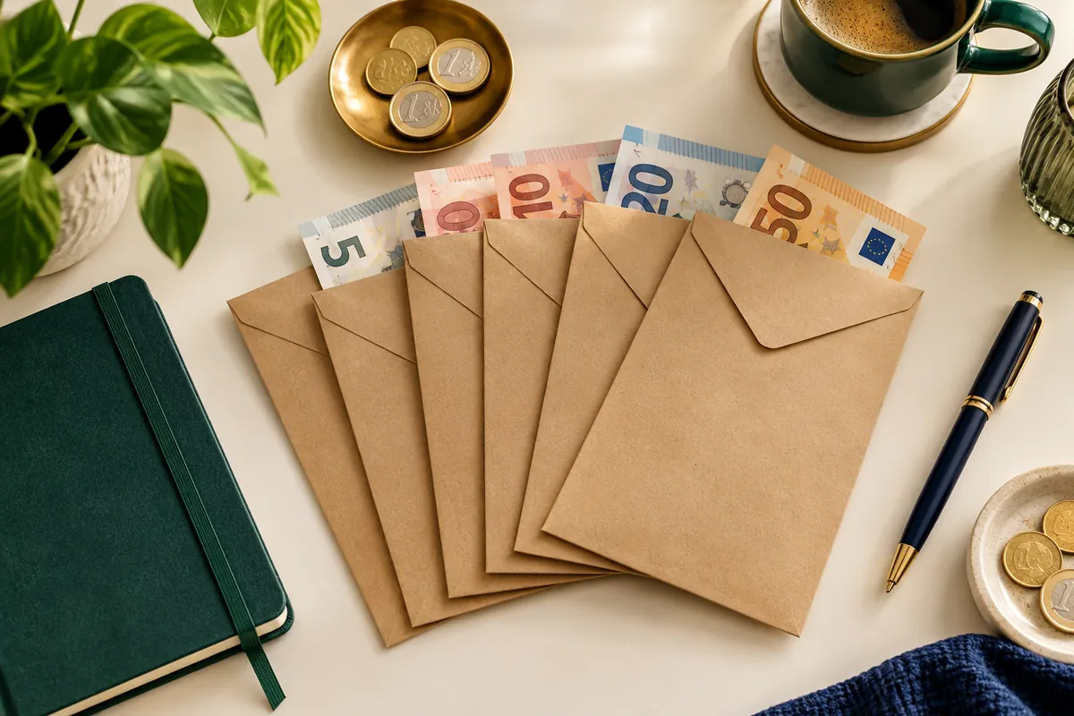 Enveloppes en papier kraft contenant des billets en euros sur un bureau clair